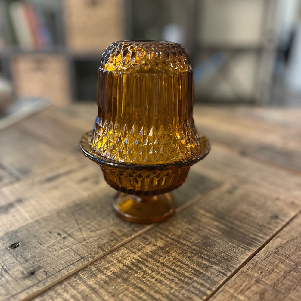 Vintage Amber Diamond-Cut Glass Fairy Lamp Complete Three Piece Set